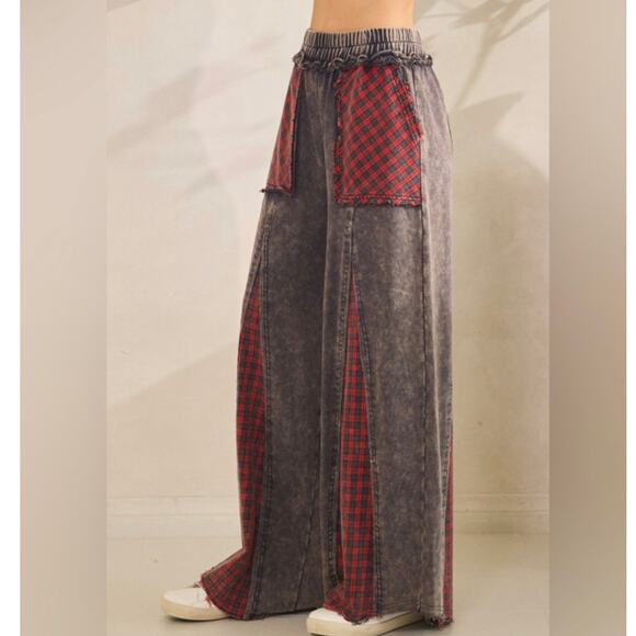 Sage + Fig Pants - Sage + Fig Wide Leg Plaid Patchwork Washed Pants - Blue